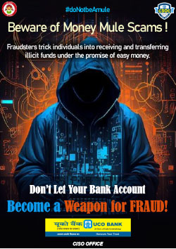 UCO Bank cyber safety posters warning about money mule scams and fraud chains,